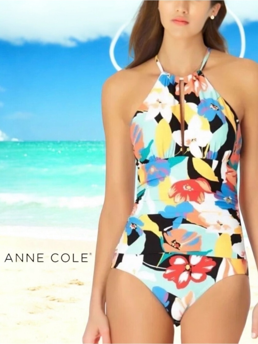 Anne Cole Tropical Black Blue Floral High Neck One Piece Ruffle Strap Swimsuit